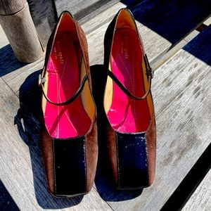 Kate Spade chocolate/suede 1” heals with strap.